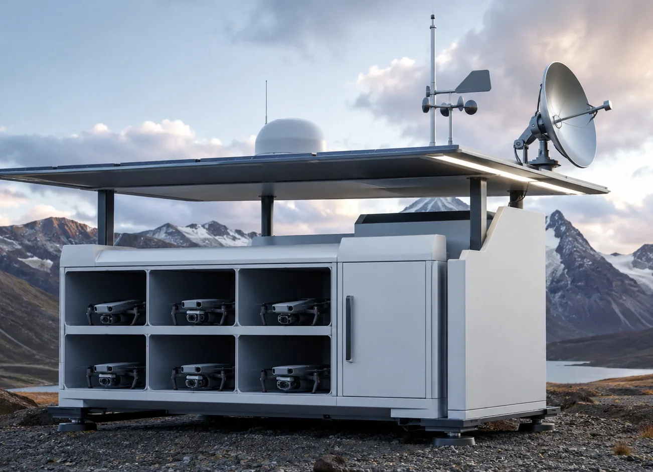 Concept rendering of an autonomous docking station with a fleet of drones